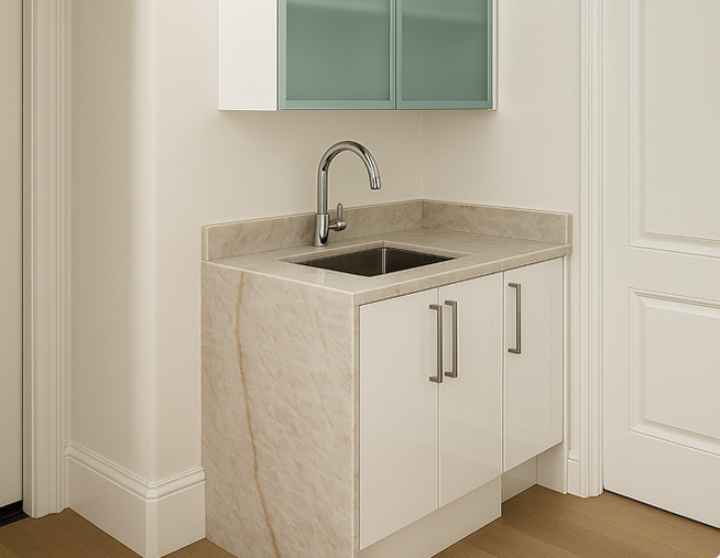 Compact wet bar with custom cabinetry and stone countertop in BraeWood project Dallas TX