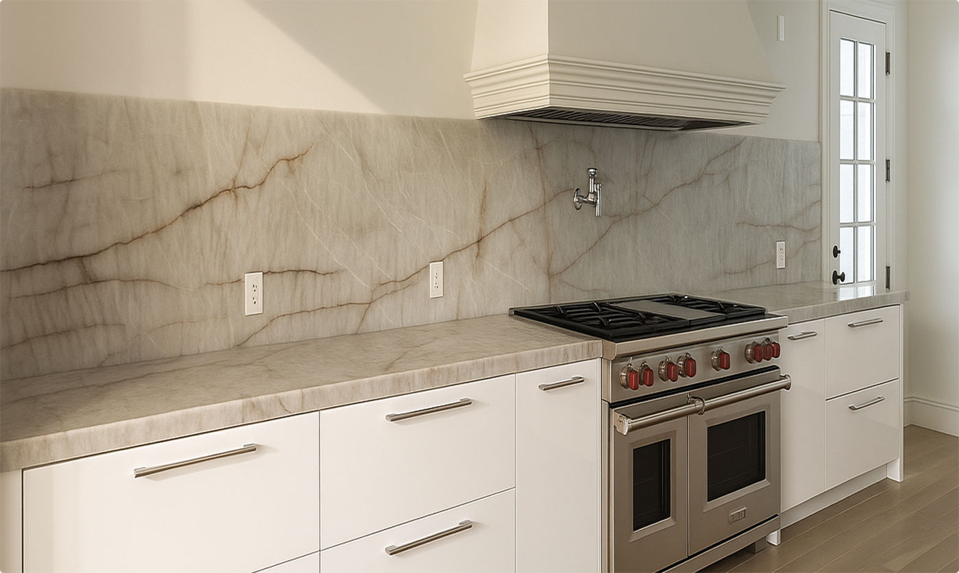 Luxury kitchen with marble backsplash and BraeWood custom cabinetry Dallas TX