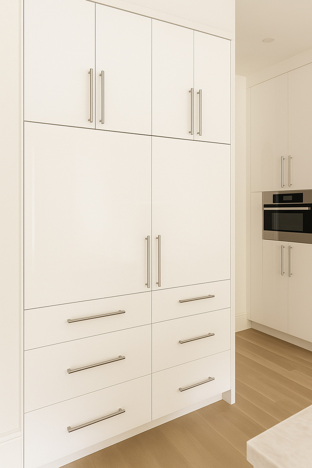 Tall pantry cabinets with sleek handles in BraeWood custom cabinetry project Dallas TX