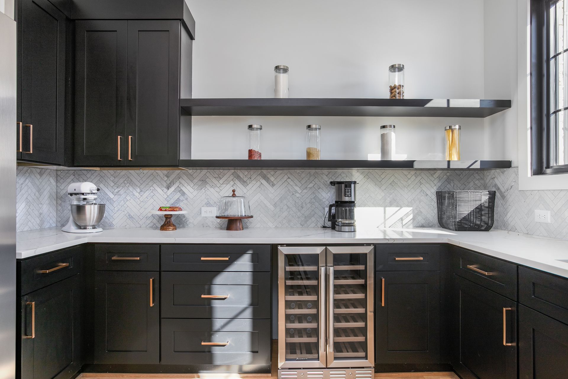 Custom wet bar with wine storage and open shelving in the Strickland Heights Custom Cabinetry Project Summerfield NC
