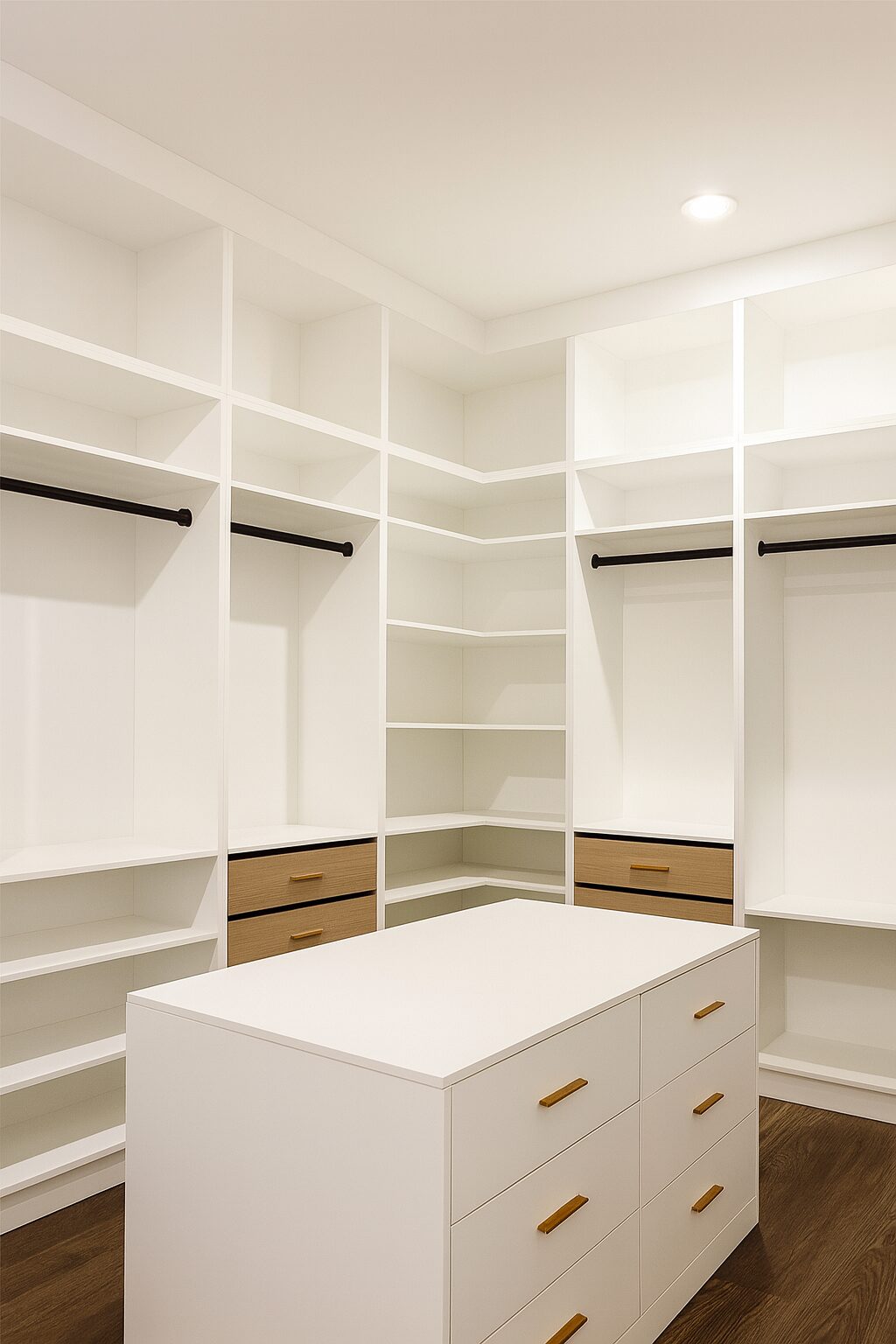 Walk-in closet with custom white cabinetry and wood drawers in the Ravenwood Custom Cabinetry Project Dallas TX
