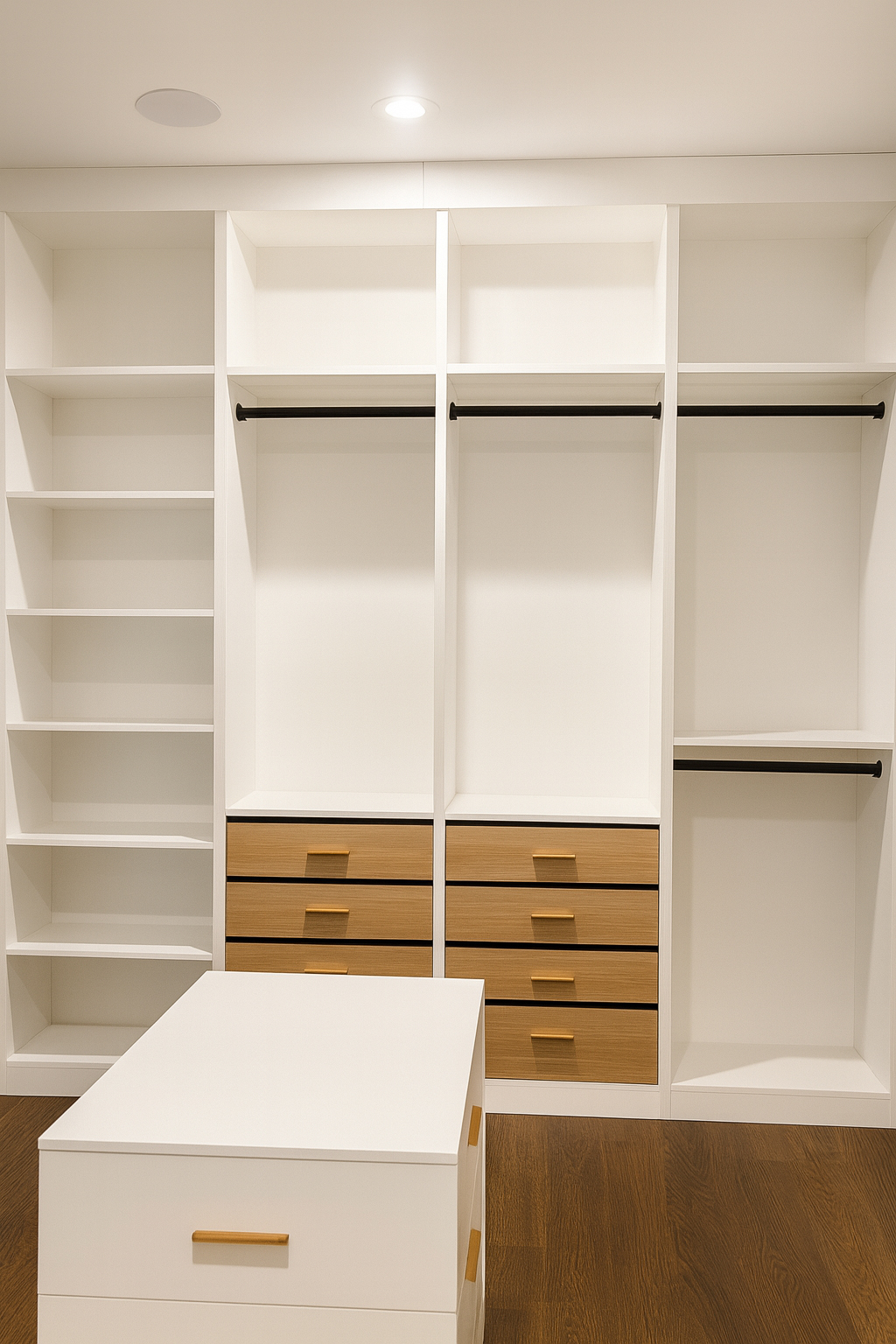 Tailored closet design with open shelving and integrated storage in the Ravenwood Custom Cabinetry Project Dallas TX