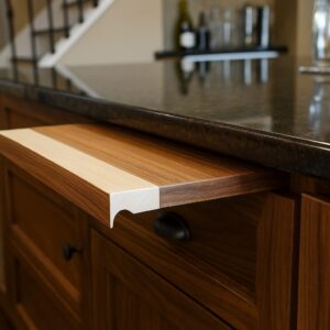 Legacy by Körner Bread Board Pull-Out in kitchen base cabinet, showing sliding cutting surface with integrated storage below.