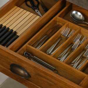 Cutlery and knife organizer duo in a neatly arranged kitchen drawer