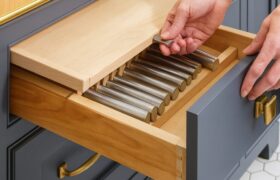Legacy by Körner Cutting Board Drawer in kitchen base cabinet, integrated wood cutting surface with hidden storage compartment.