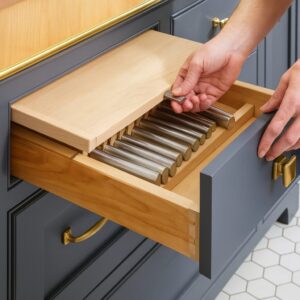 Legacy by Körner Cutting Board Drawer in kitchen base cabinet, integrated wood cutting surface with hidden storage compartment.