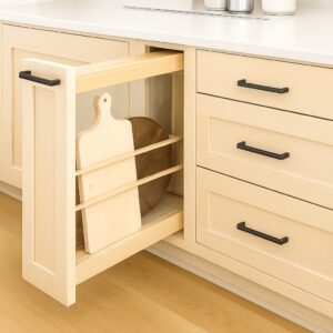Legacy by Körner Pan & Tray Pull-Out in kitchen base cabinet, showing adjustable dividers for organized pot and tray storage.