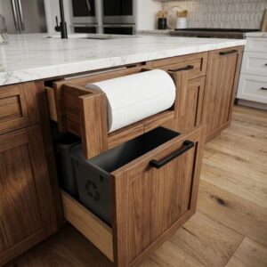 Legacy by Körner Paper Towel Drawer & Base Recycling Bin Combo showing pull-out towel dispenser and dual waste compartments in kitchen base cabinet.