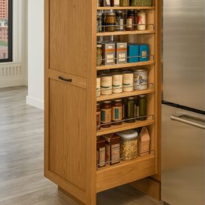 Legacy by Körner Tall Pull-Out Pantry with full-height cabinet design, showing adjustable metal shelves for dry goods and kitchen storage.