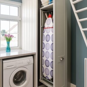 Tall Pull-Out Cabinet in a modern laundry space with ironing board and washer by the window