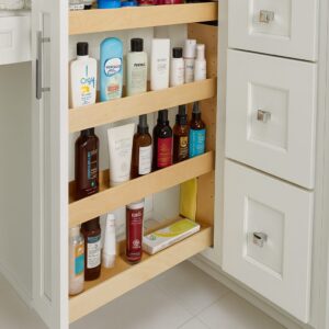 Narrow pull out vanity cabinet for toiletries and bottles from the Legacy Bathroom Storage collection.
