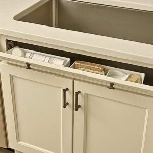 Tip down sink tray for storing small cleaning items