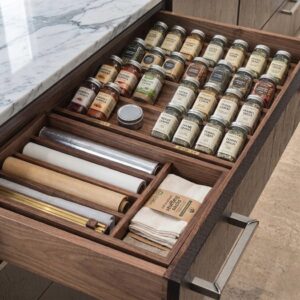 Walnut storage and spice drawer with organized seasoning layout