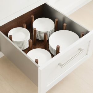 Walnut dish peg drawer with organized plate and bowl storage