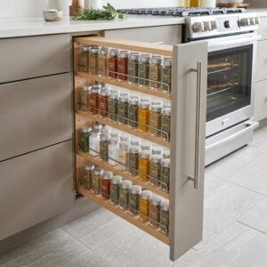 Pull-out spice rack cabinet with organized spice jars in a modern kitchen.