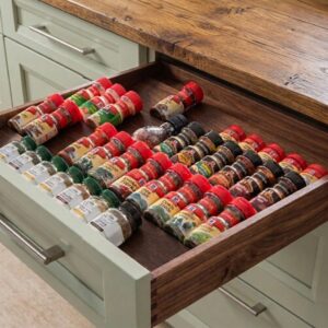 Walnut spice drawer with organized seasoning storage