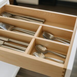 Adjustable drawer partitions creating organized and customizable kitchen drawer storage