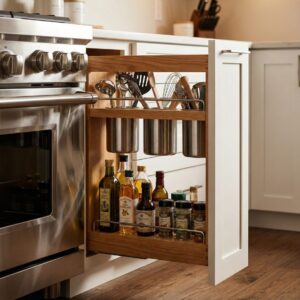 Base utensil pull-out keeping kitchen utensils organized and accessible