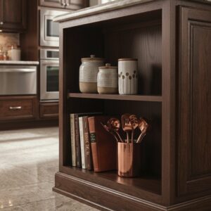 Open base cabinet with accessible shelf storage