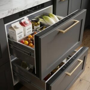 Refrigerator drawer panels integrated into a modern kitchen cabinet system for seamless built-in design