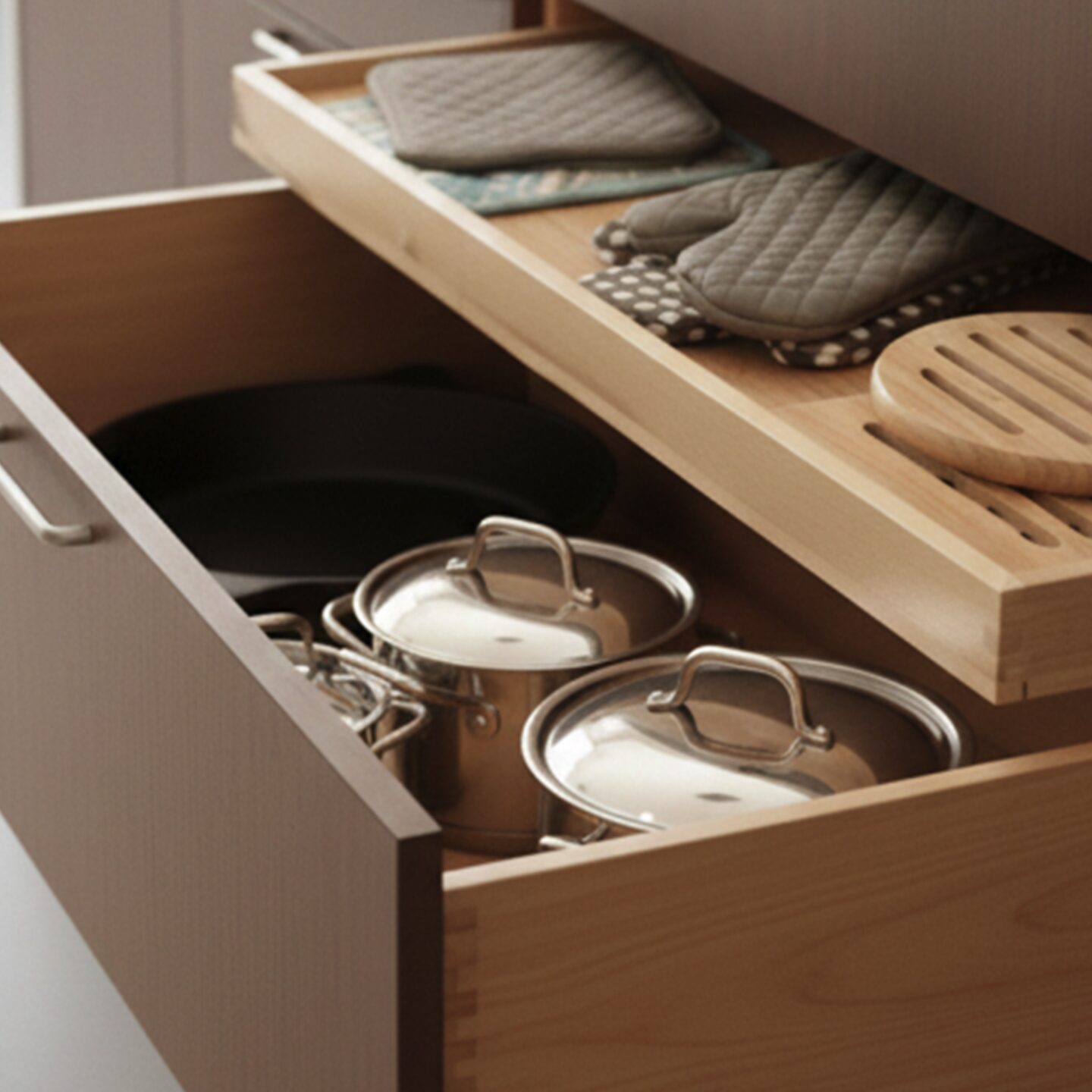 Shallow bowl & oven mitt pull out drawer with organized kitchen storage