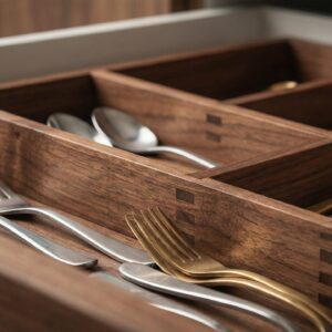 Walnut cutlery divider organizing utensils inside a kitchen drawer