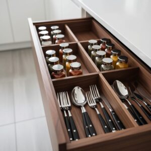 Walnut spice and cutlery organization creating a neatly arranged kitchen drawer