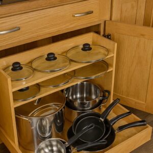 Legacy pot and pan roll-out system designed for organized cookware storage in the base cabinet