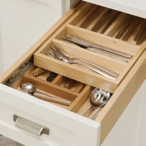 Two-tier wood cutlery tray with organized utensils