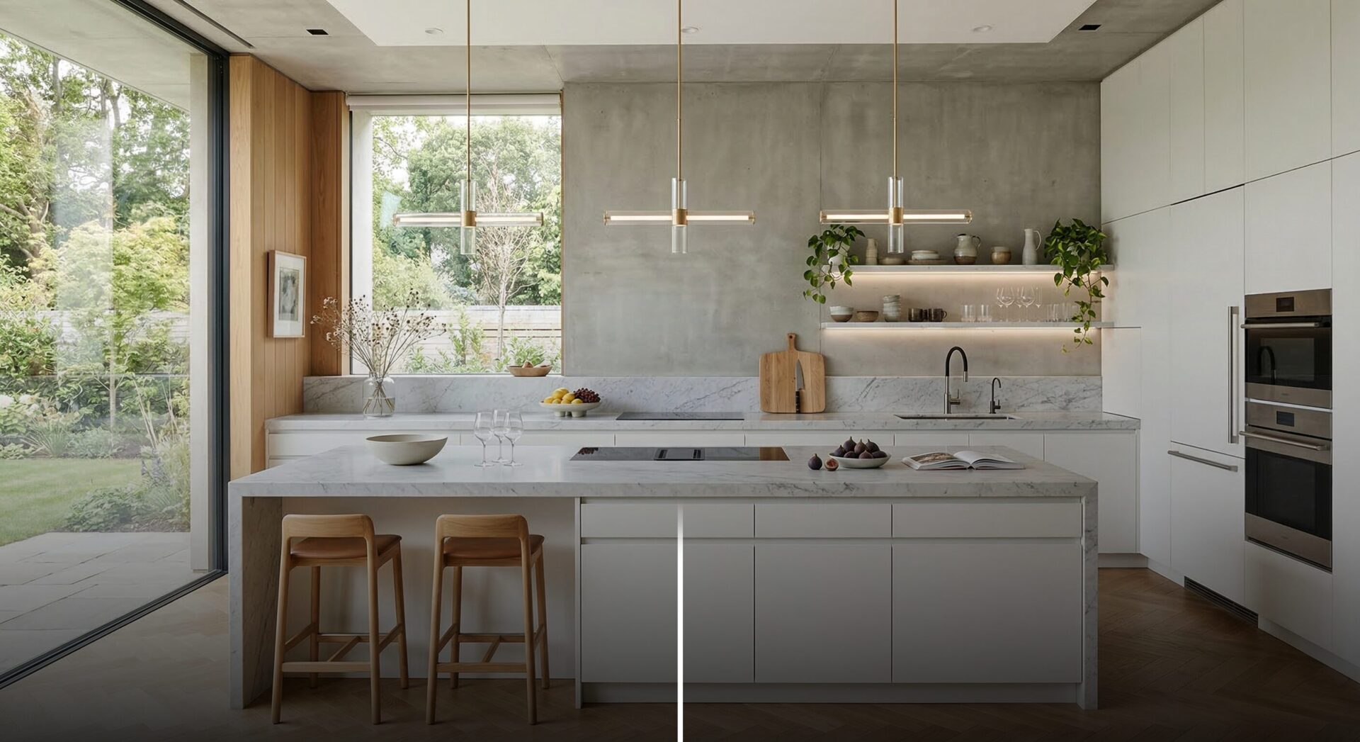 modern kitchen with tall cabinet storage and integrated appliances