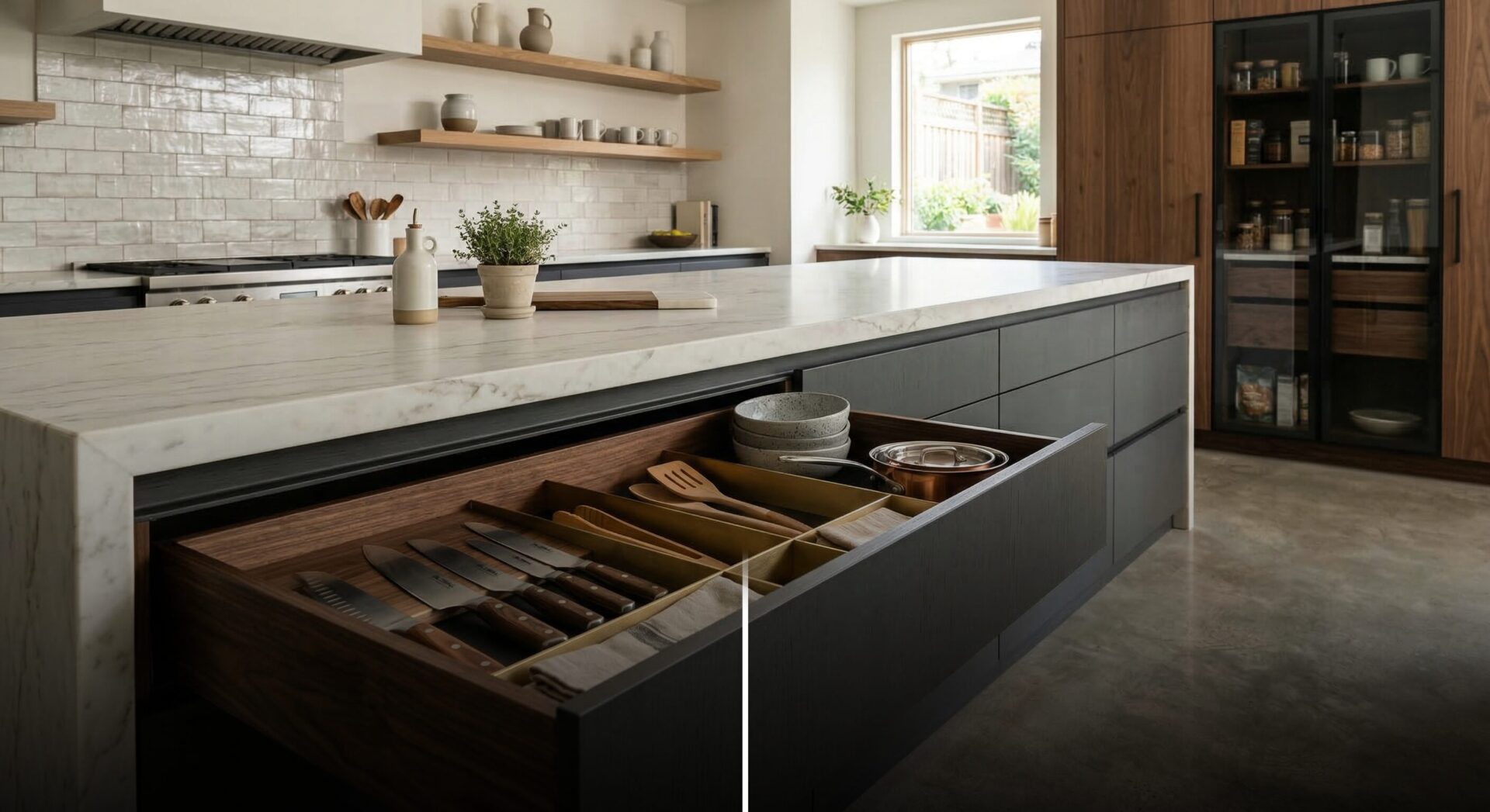 modern kitchen with drawer storage and minimal upper cabinets