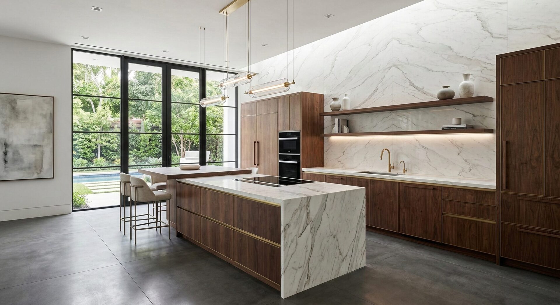 modern kitchen without upper cabinets with large window and stone island