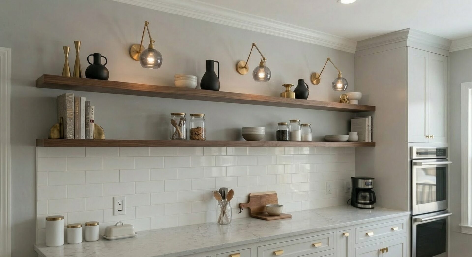 modern kitchen without upper cabinets and open wall design