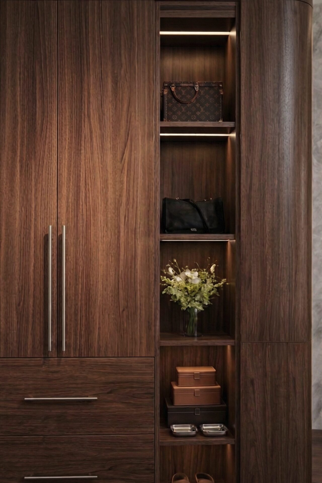 Korner Board wood panel wardrobe with integrated shelving and lighting