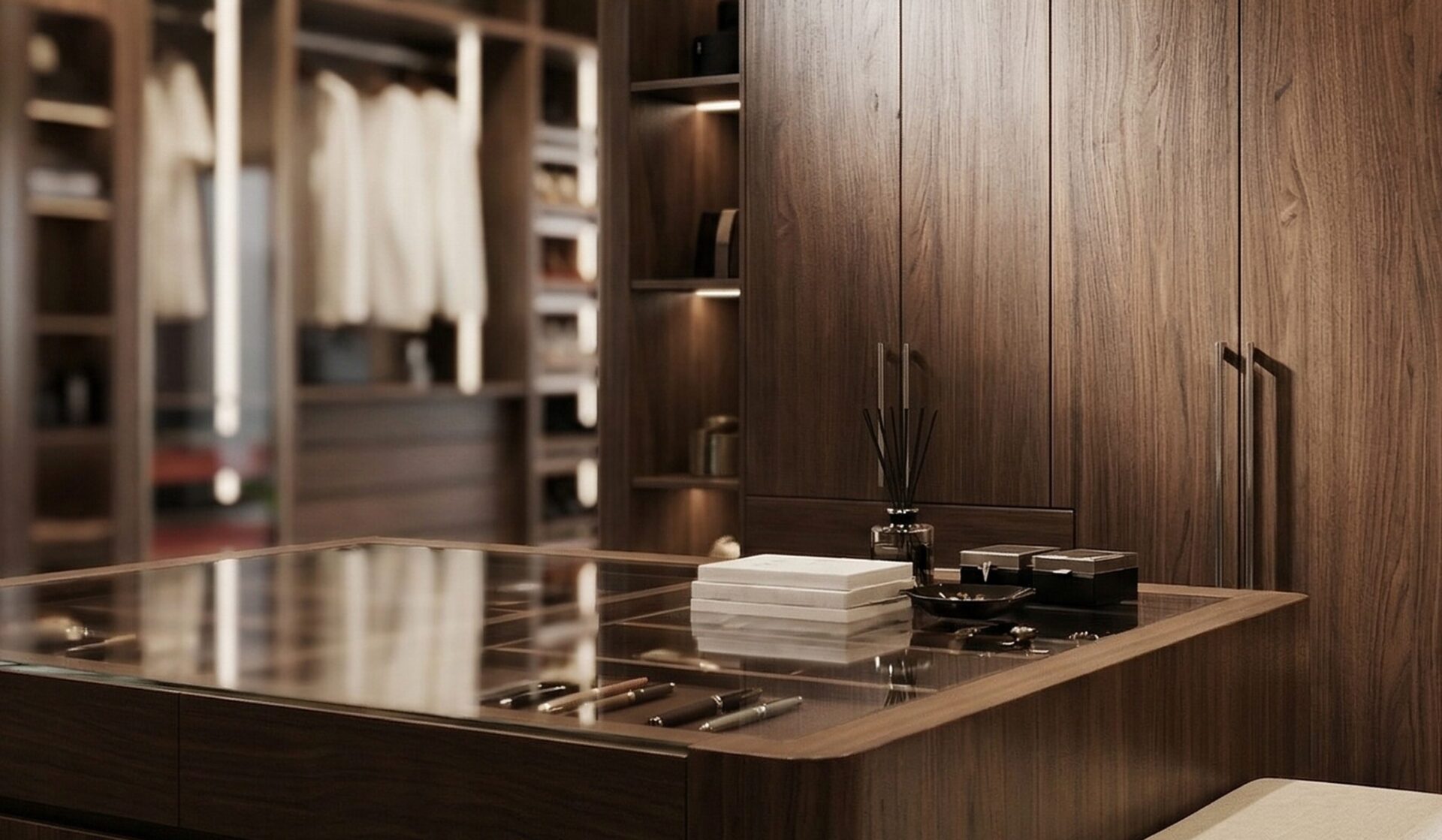 close-up of Korner Board wood panel closet cabinetry and storage system