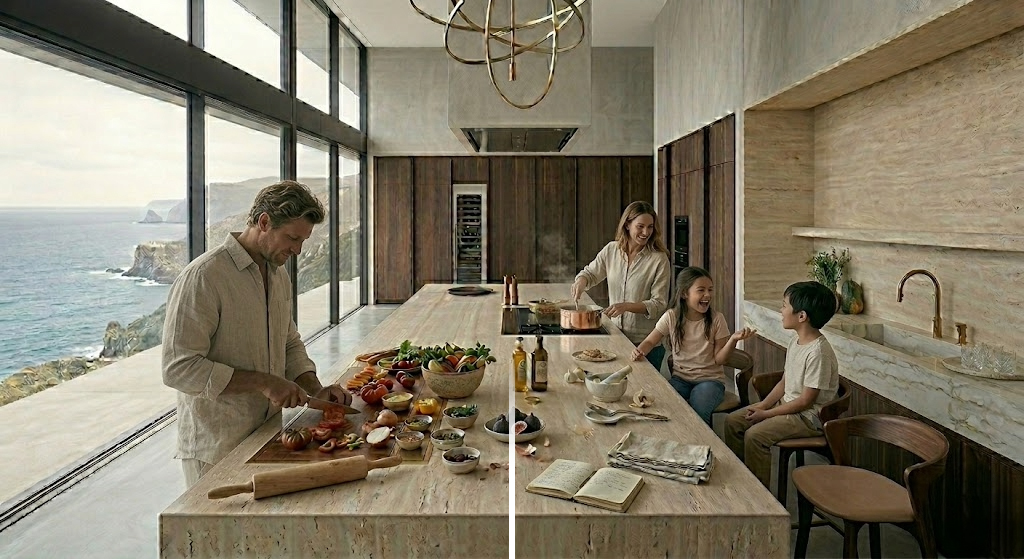 open kitchen with island used for cooking dining and social interaction