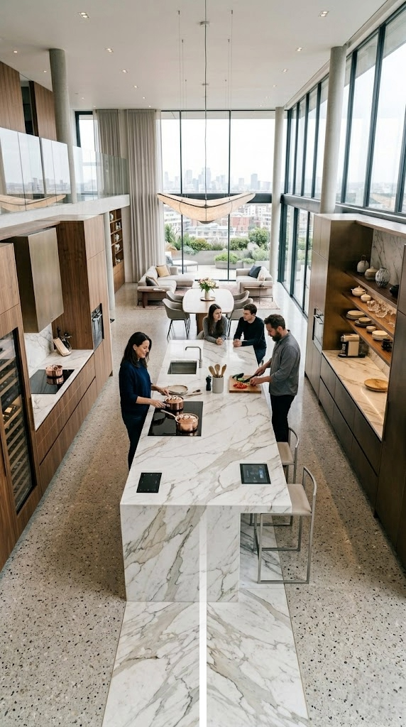 open plan kitchen connected to living space with natural light and modern layout