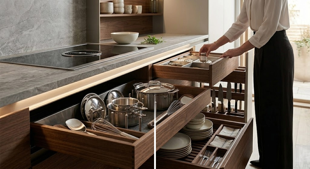 kitchen drawer storage system with organized compartments for efficient use