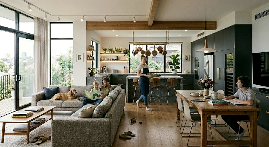 Open concept kitchen design showing multiple people using island, cooking, and living areas instead of a traditional work triangle