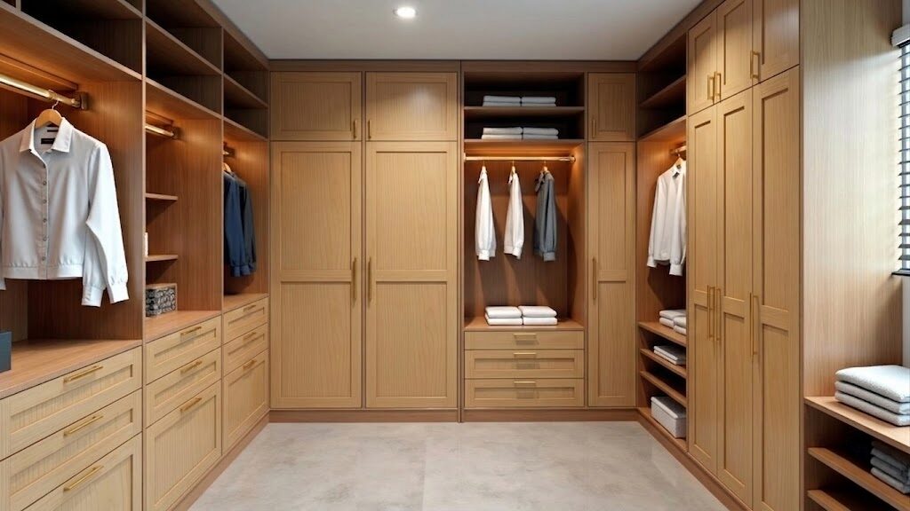 Shaker style closet doors in a balanced modern interior space