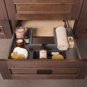 Vanity Plumbing Drawer with custom cut-out storage design for bathroom vanities — ideal for organizing toiletries and towels around plumbing fixtures.