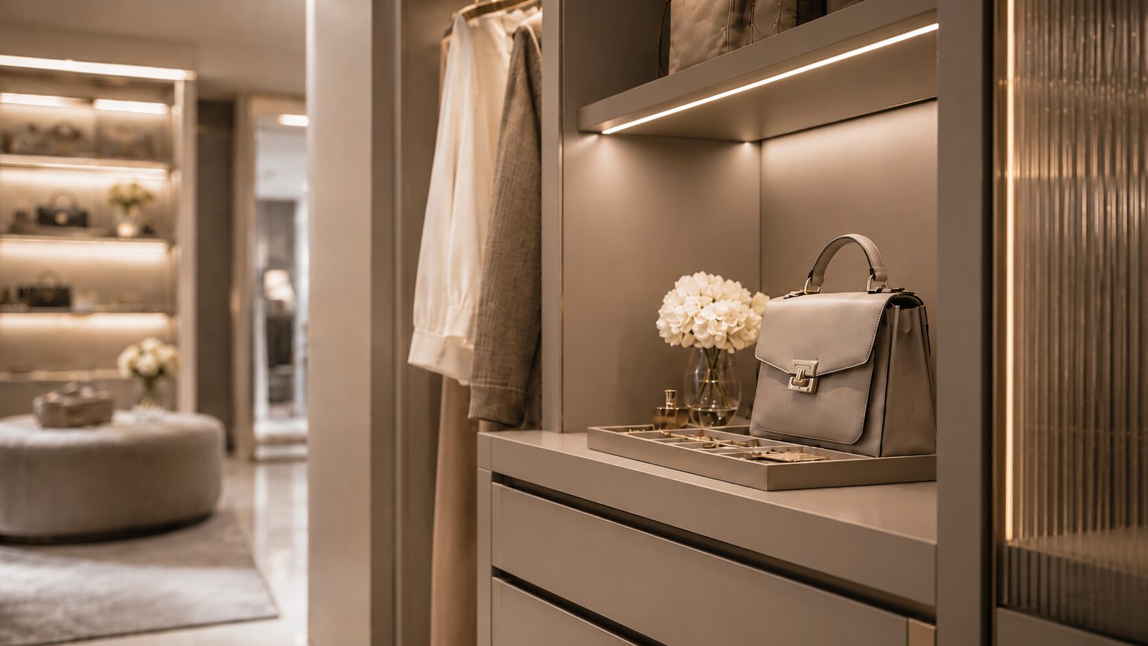 Modern custom closet with taupe cabinetry, soft integrated lighting, and a focused display shelf featuring a handbag and jewelry tray with a blurred luxury dressing room in the background.