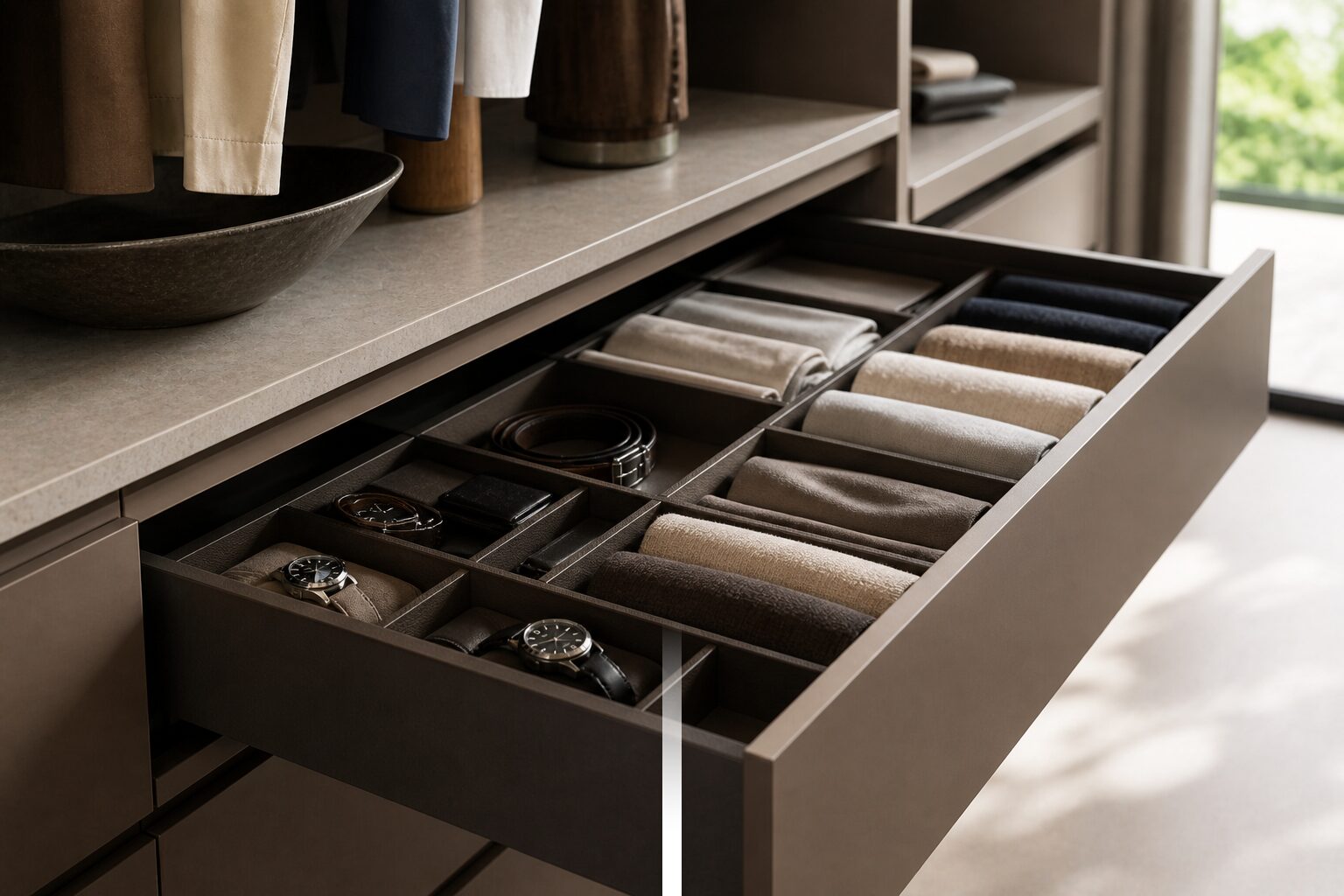 Luxury closet drawer with organized layered storage