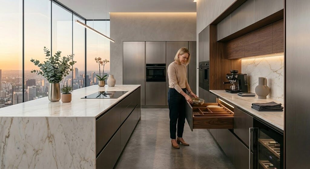 Modern luxury kitchen featuring drawer-forward storage design with organized pull-out drawers