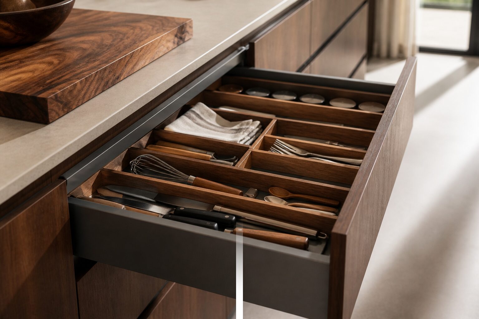 Modern kitchen drawer with divided storage compartments