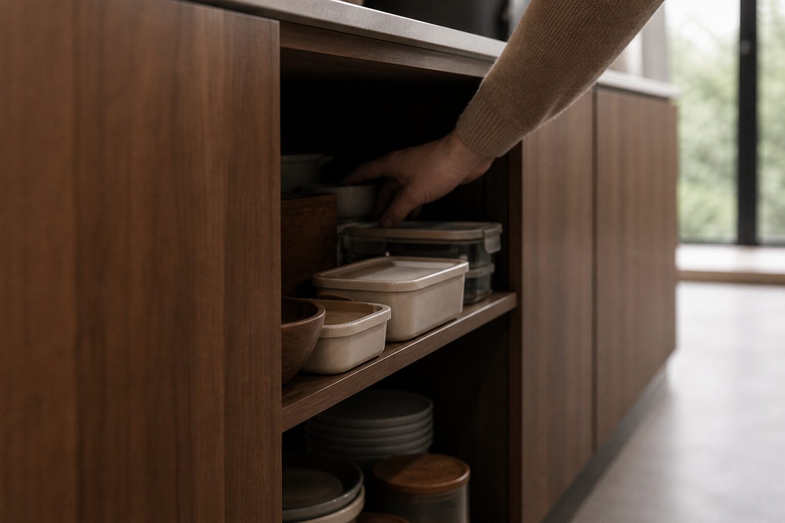Deep kitchen cabinet with stacked items that are hard to access