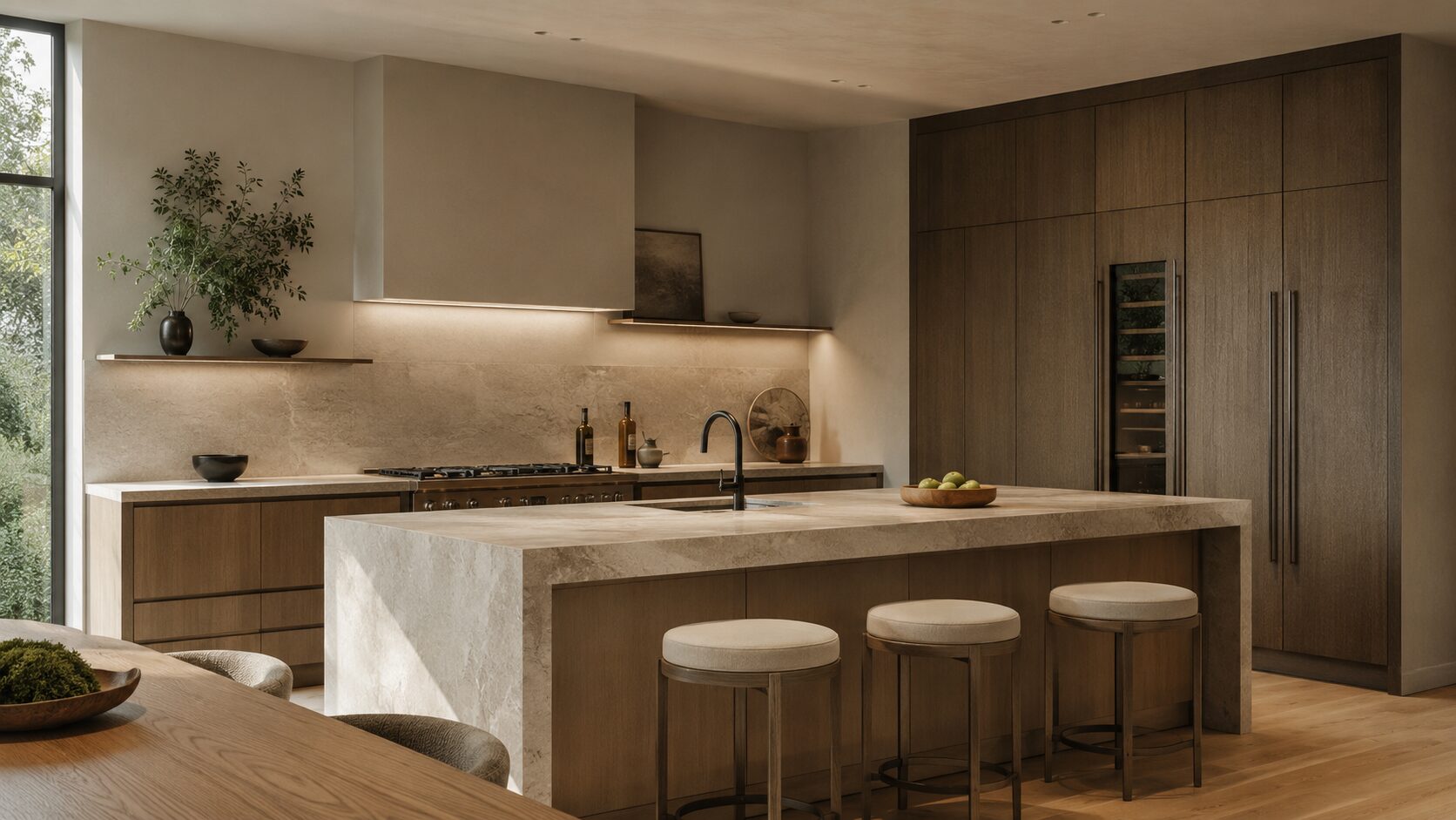 Modern kitchen with cabinets to ceiling, integrated storage, and open wall space designed around proportion