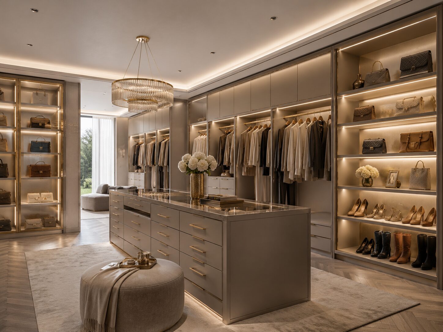 Visible closet design planning with open shelving, display lighting, and organized wardrobe zones.