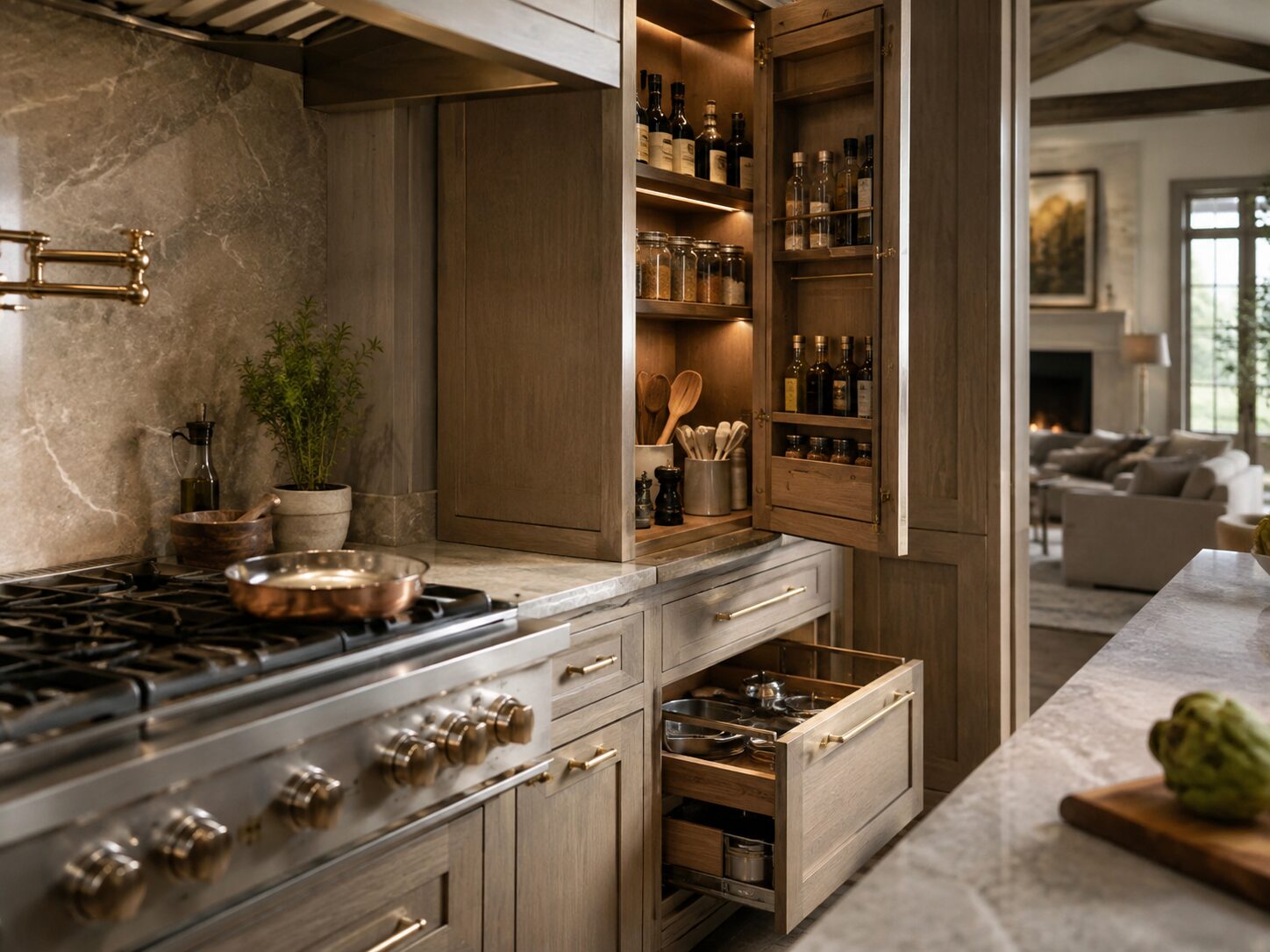 Cooking area with storage thoughtfully positioned near the range
