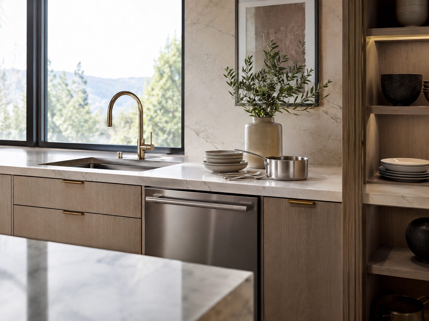 Kitchen cleanup area with thoughtfully positioned storage